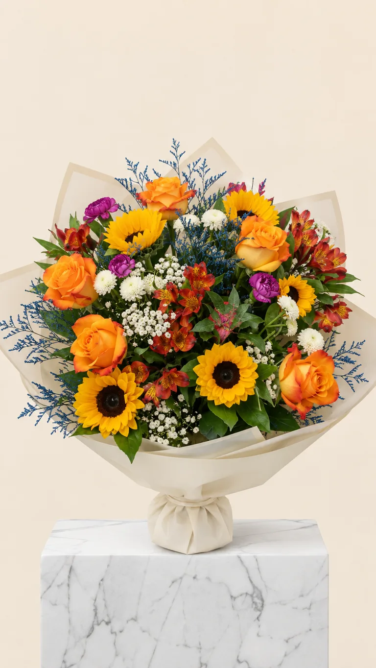 Ramo de girasoles, rosas naranjas y alstroemerias