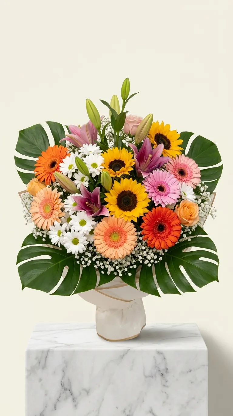 Ramo con gerberas, girasoles y hojas de monstera