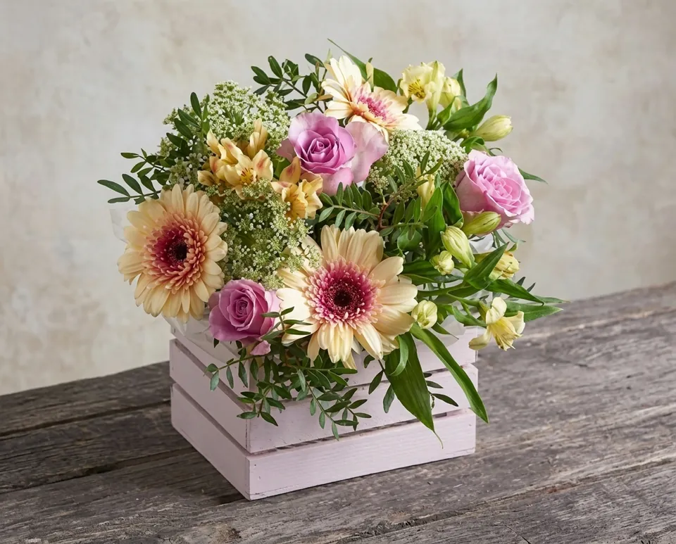 Centro de mesa en caja de madera rosa con gerberas crema, rosas lila, alstroemerias y verde, sobre mesa de madera