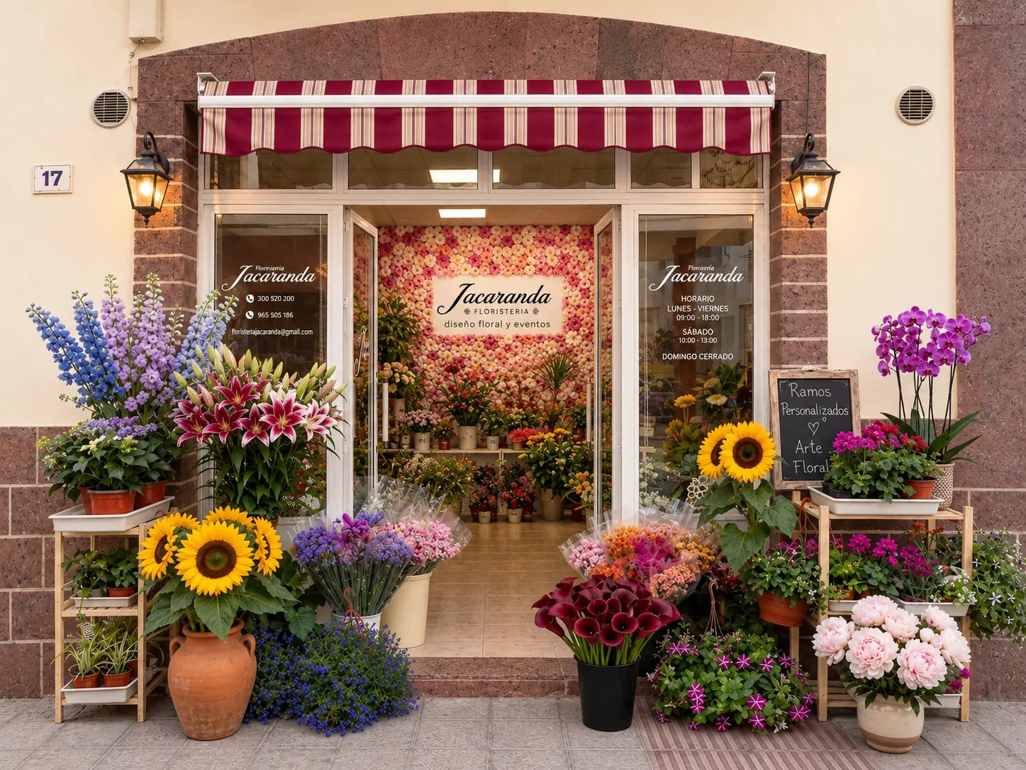 Fachada de la floristería Jacaranda en Corralejo, con toldo granate, farolillos y la acera llena de girasoles, lirios, orquídeas y ramos preparados
