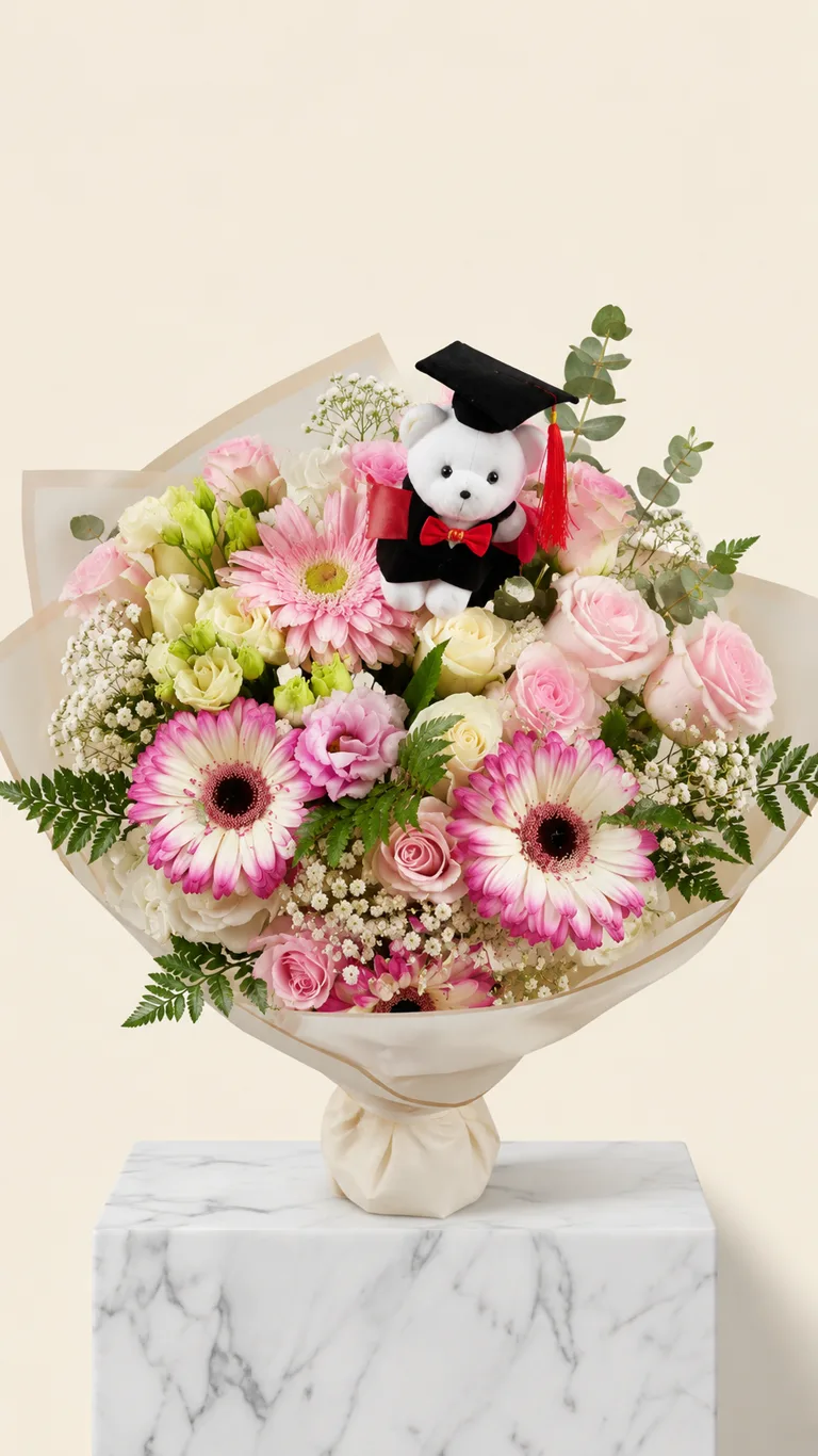 Ramo de gerberas y rosas rosas con osito de graduación