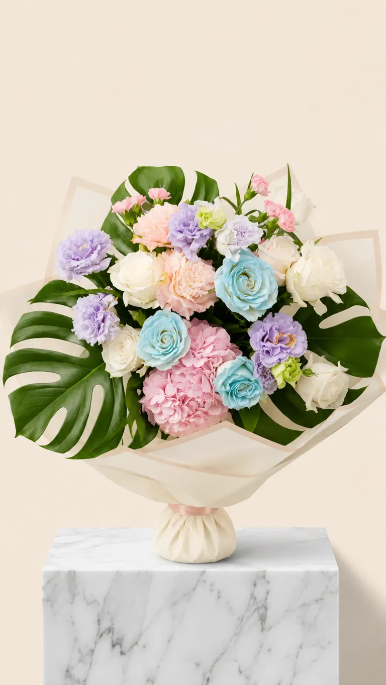 Ramo pastel con rosas azules, lisianthus lila y hojas de monstera
