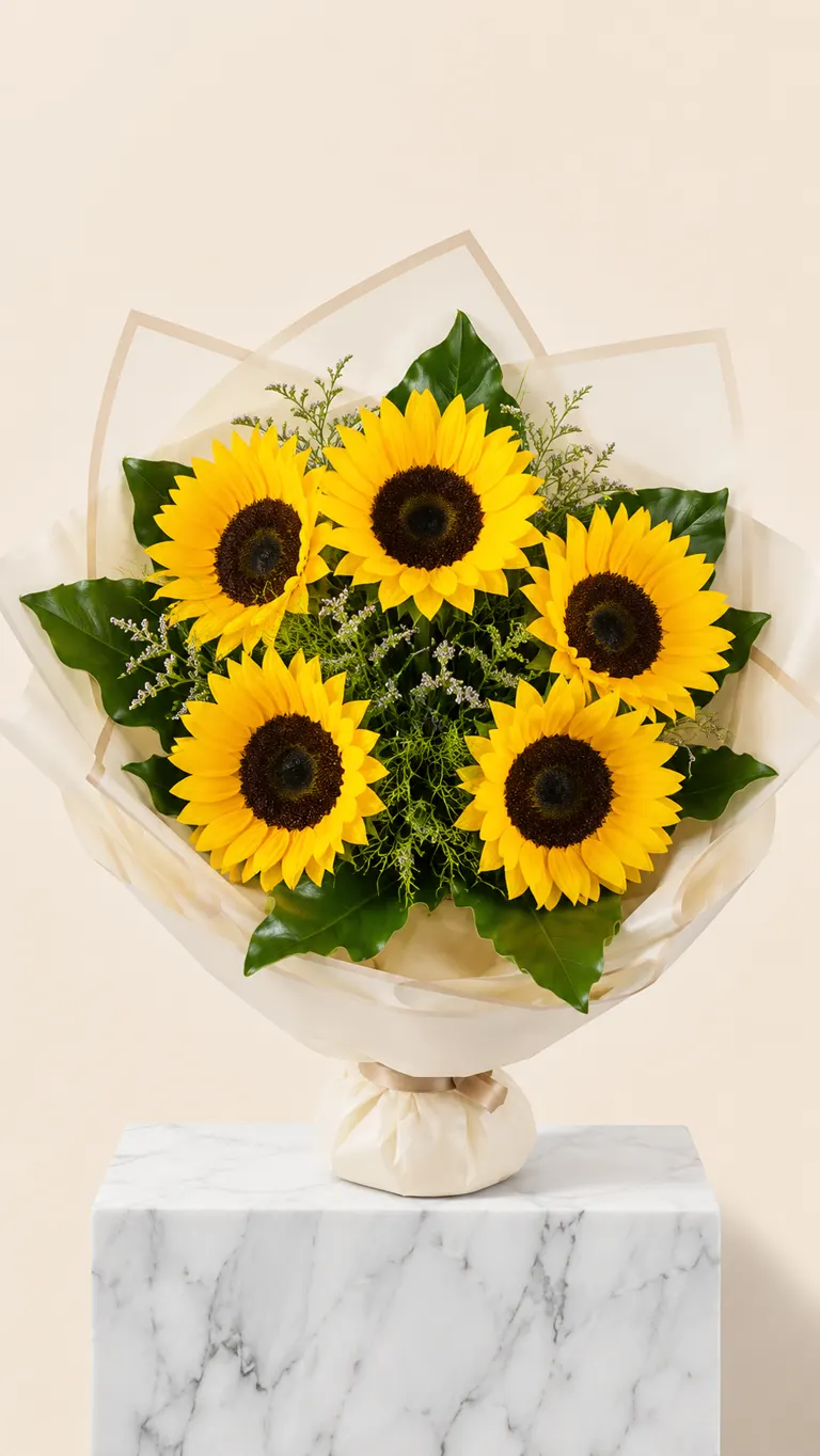 Ramo de cinco girasoles con limonium y hojas verdes