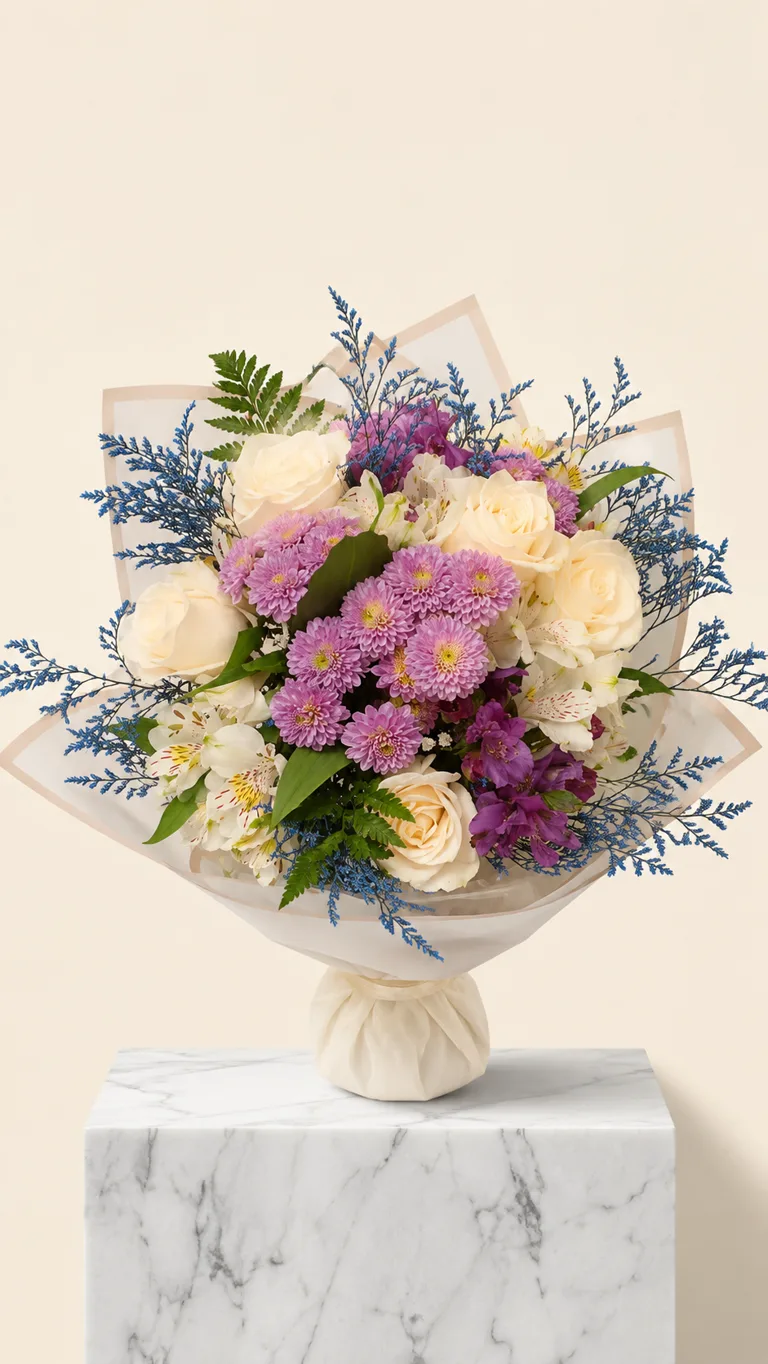 Ramo de crisantemos lila con rosas blancas y limonium azul