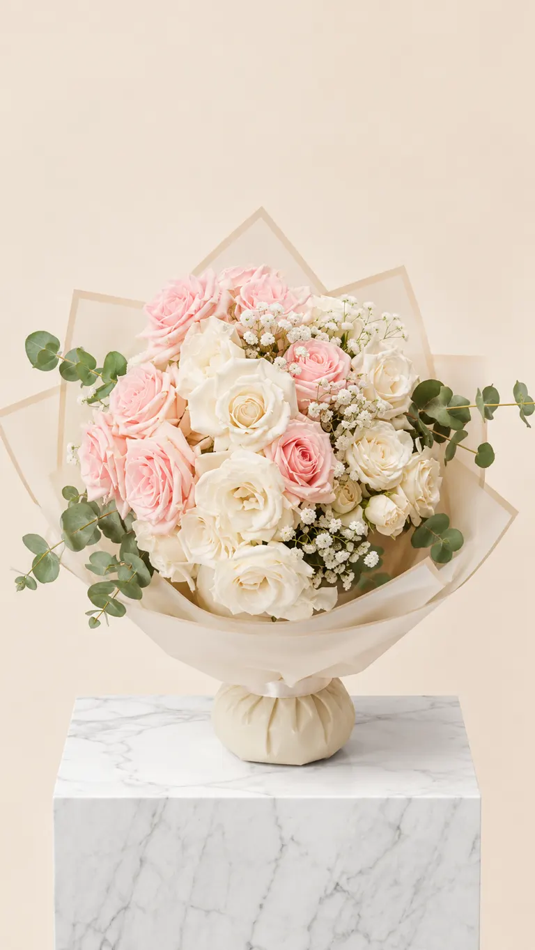Ramo de rosas rosas y blancas con paniculata y eucalipto