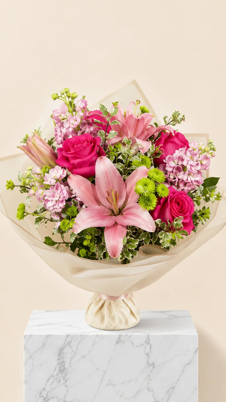 Ramo de lirios rosas, rosas fucsia y alhelíes