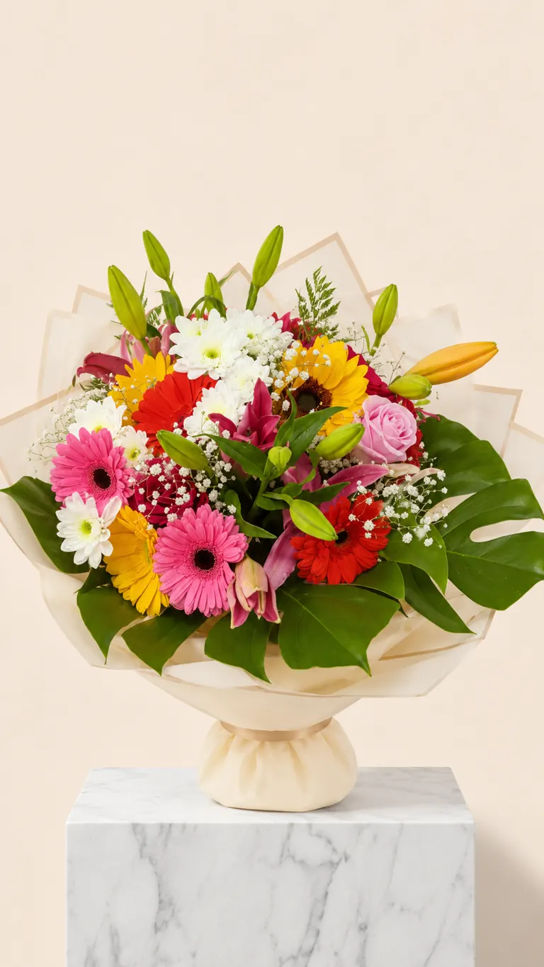 Ramo colorido con gerberas, lirios y crisantemos blancos